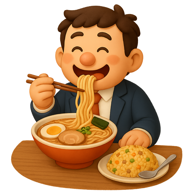 ラーメンとチャーハンを食べる大吉くん